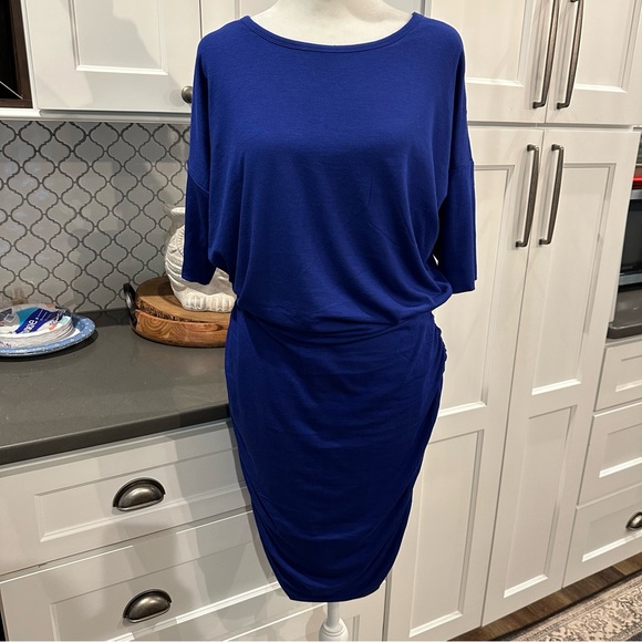 Athleta Womens Solstice Ruched Cowl Neck  Dress Sz M Modal Wool Stretch Sapphire - Picture 1 of 11